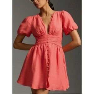Anthropologie Katerina Tangerine Button Front Deep V-neck Mini Linen Dress XXS